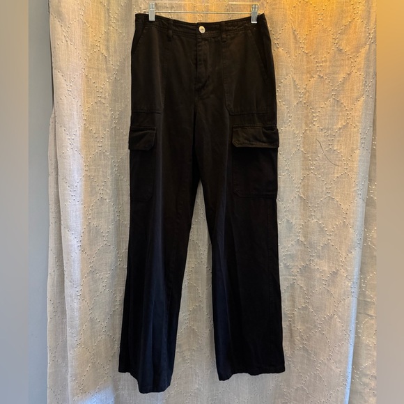 Zara Black Cargo Pockets 100% Cotton Wide Leg Pants• 8 - Picture 1 of 7